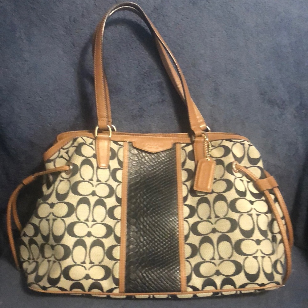 Coach Signature Canvas Tote in Black, Cream & Brown Leather Trim